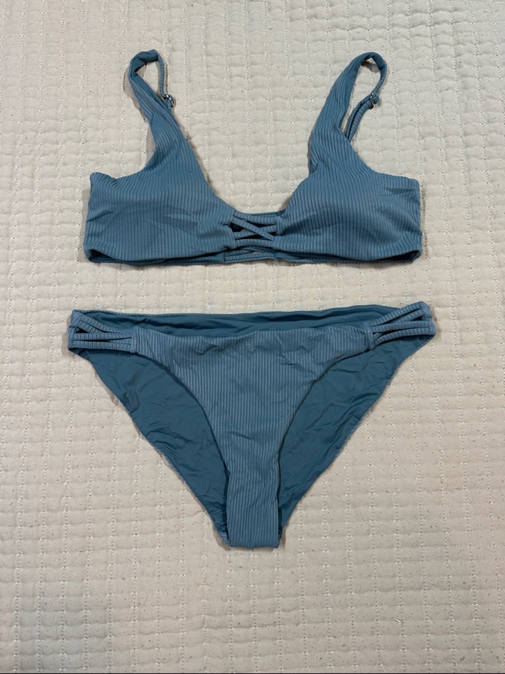 Women's Ribbed Blue Two-Piece Bikini Set - Adjustable Straps